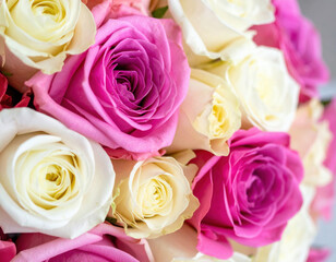 Fototapeta premium Vibrant bouquet of roses showcases delicate petals in shades of pink and cream, evoking sense of beauty and elegance