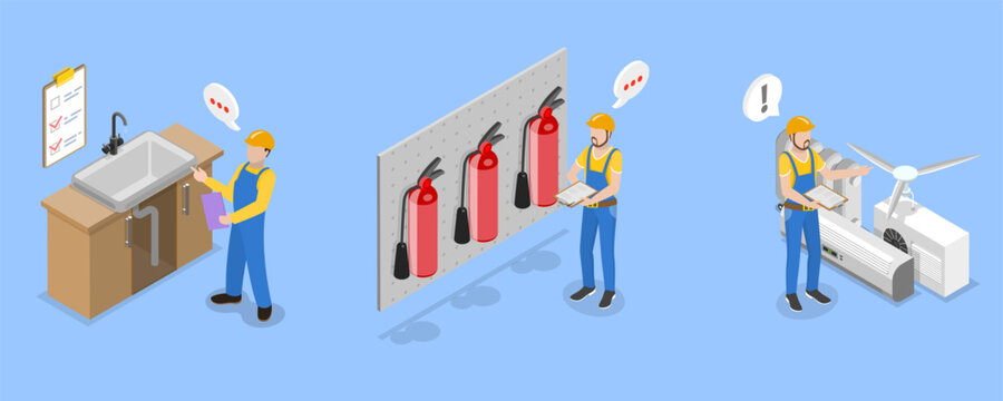 3D Isometric Flat Vector Illustration of Safety Regulations and Health Inspection, Utilities Inspection