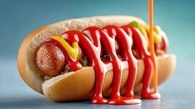 A hot dog with ketchup