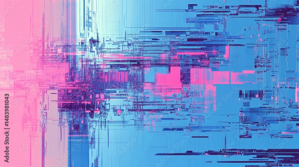 Poster Abstract glitch art background with pink and blue color palettes, showing digital distortion and data streams.