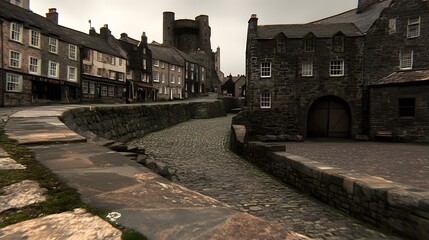 Medieval European Village Cobblestone Street Scenic View