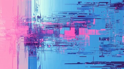 Abstract glitch art background with pink and blue color palettes, showing digital distortion and data streams.