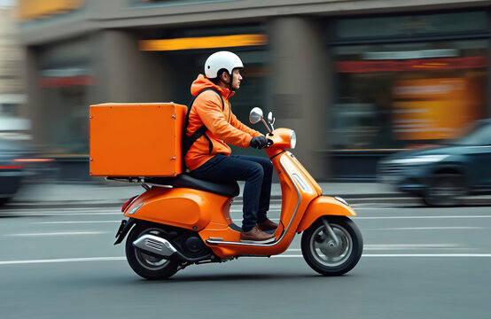 Delivery man with orange moped drives fast on city street. Courier with rectangular delivery backpack on scooter. Transportation, service, food order, express delivery, online shopping, packages.