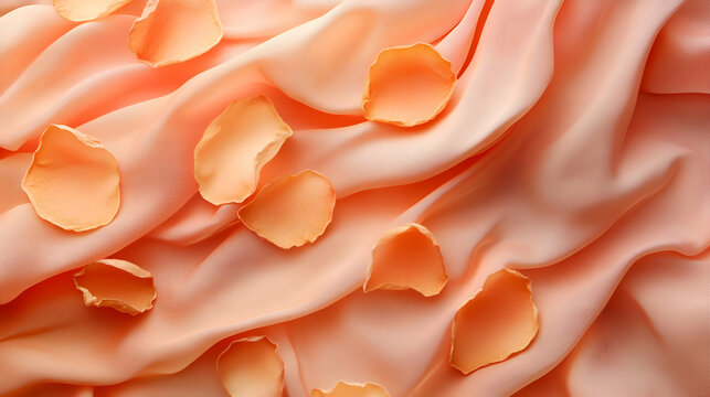 Orejones de Albaricoque, Dried Apricots vibrantly colored, scattered on a cotton cloth, pastel peach background