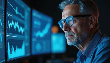 Experienced analyst studies financial data on multiple computer screens. Man in glasses carefully reviews stock market charts, analyzing trends, making decisions, focused on data science, analytics.