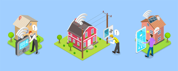 3D Isometric Flat Vector Illustration of Residential Home Energy Efficiency, Smart House