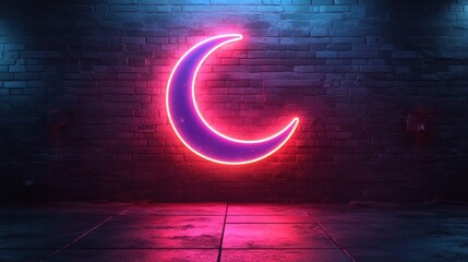Neon crescent moon on brick wall