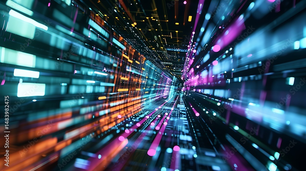 Poster abstract digital tunnel of light with neon colors and geometric structure