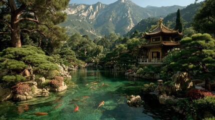 Tranquil Asian Garden with Koi Pond and Traditional Architecture Surrounded by Lush Greenery an