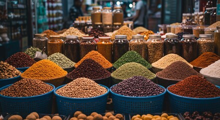 Colorful array of spices and grains in jars and bowls at a vibrant market stall