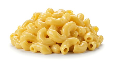 A close up view of creamy macaroni pasta coated in rich cheese sauce, centered on a clean white background, mouth watering detail, 8k

