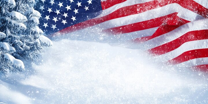 American flag in winter with snow covered trees and falling snow creating a patriotic scene