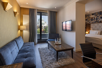 Modern hotel room with cozy sofa