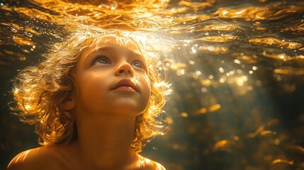 Child underwater, looking upwards