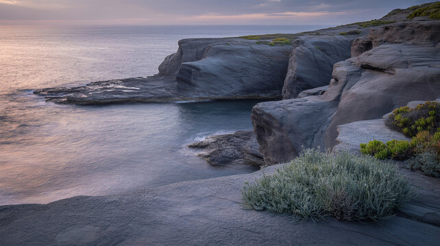 Coastal landscape photograph depicting textured rock formations and serene ocean waters at twilight. - Powered by Adobe