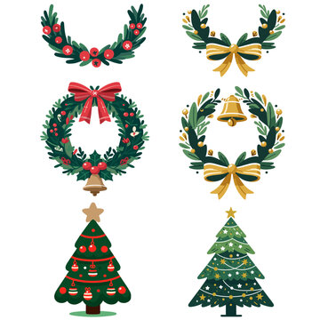 クリスマスツリー　リース　ハーフリース　ベクターイラスト 6セット