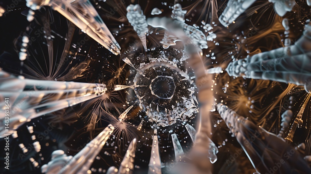 Poster abstract ice tunnel with geometric crystal structures and dark background