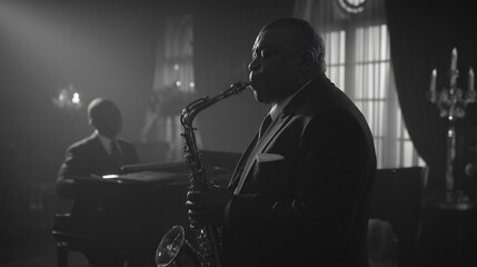 Saxophone Jazz Blues Musicians Playing Live Performance Band Stage Melody Night Vintage Suit Tie Chandeliers Lighting Blackandwhite Elegance Atmosphere Emotion Sound Culture Audience Jazzclub 