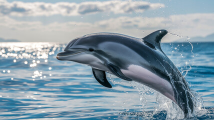 Fototapeta premium A dynamic photograph of a bottlenose dolphin leaping from blue ocean waters