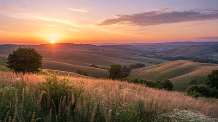 Dramatic sunrise over rolling tuscan hills with golden light and textured foreground