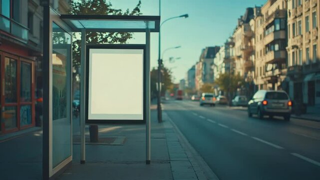 Urban bus stop billboard mockup featuring a blank advertisement space on a busy city street