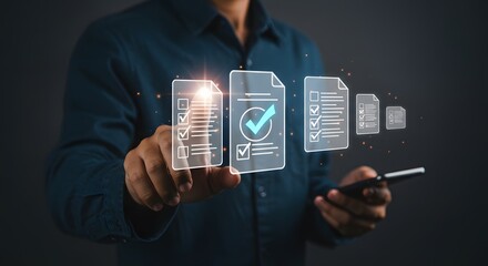 Man interacting with digital documents and checklists on a virtual interface using a smartphone