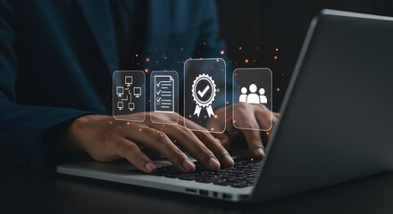 Person typing on laptop with network checklist quality and team icons floating above the keyboard