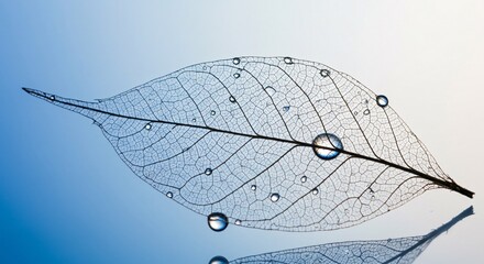Delicate leaf skeleton adorned with water droplets against a gradient backdrop