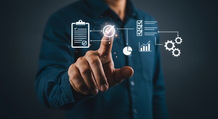 A person touching a digital interface with checklist pie chart bar graph and gears on a dark background