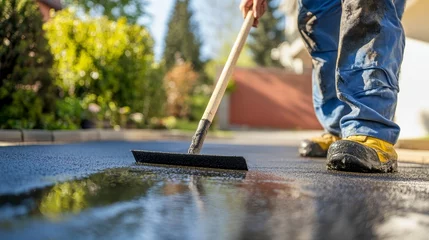 Selbstklebende Fototapeten Close-up of worker spreading asphalt sealant on driveway with a squeegee. © thenort