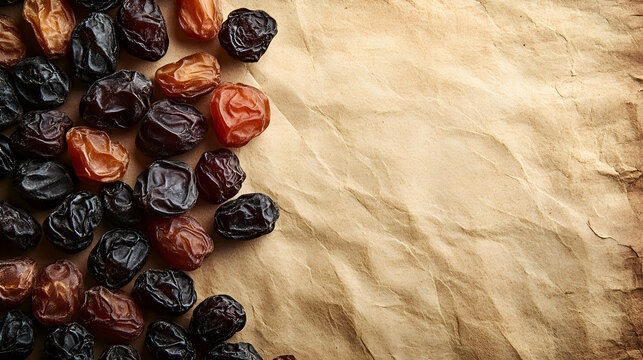 Pasas, Raisins glossy and rich in color, sitting on vintage paper with faded neutral background