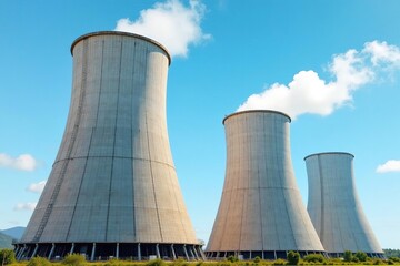 Large industrial cooling towers against a clear blue sky Industrial infrastructure, energy production, power plant , equipment, industrial park, heat dissipation