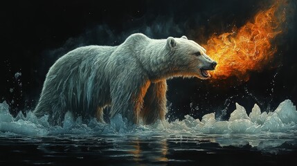 Majestic polar bear, flames erupting from its mouth, walking on icy water