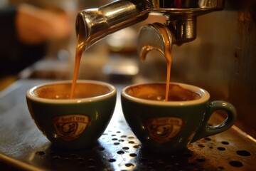 Espresso pouring into two small cups