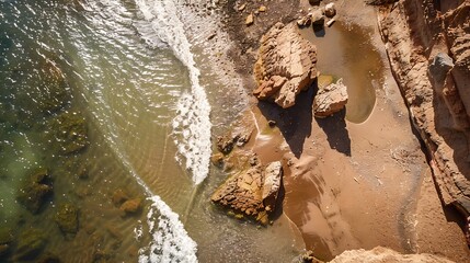 Obraz premium Aerial View Of Rocky Coastline And Sparkling Water Under Sunny Day
