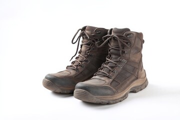 A pair of sturdy brown leather hiking boots, ready for adventure. Durable and stylish, perfect for any outdoor excursion.