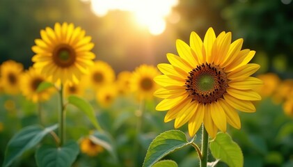 Obraz premium Vibrant sunflowers in full bloom, bathed in sunlight within a lush park setting , bright, stems