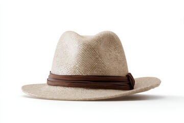 A stylish beige fedora with a brown leather band. Perfect for summer adventures!