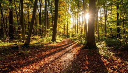 Sun-dappled forest path in early autumn with scattered leaves