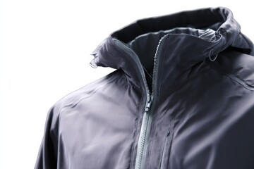 Close-up of a gray hooded jacket with a zipper. The fabric is smooth and the color is muted.