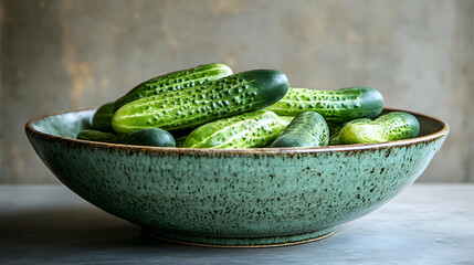 Pepinillo, Pickle whole pickles stacked in rustic ceramic bowl, light pale background