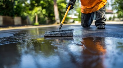 Worker applying asphalt sealant to a road surface.