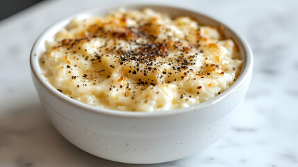 Close up of a baked macaroni and cheese dish in a white bowl