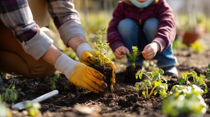 Fototapeta premium Gardening activity involving a person and a child planting seedlings in a sunny garden during springtime