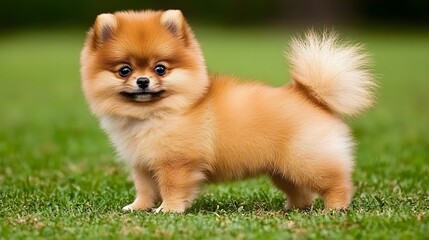 Adorable Pomeranian Puppy Standing on Grass