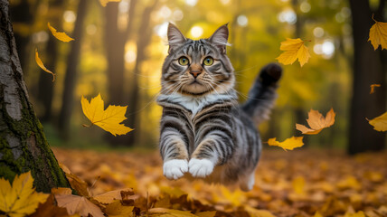 A high-quality photograph of a tabby cat mid-leap in an autumn forest setting.