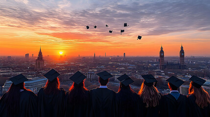 Plakat Graduates celebrate academic success at sunset over cityscape