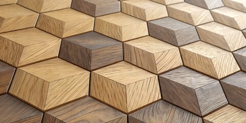 Geometric wood pattern with cubes displaying beautiful natural grain and varying tones