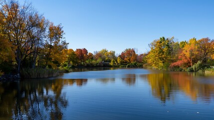 Autumnal Lake Scene with Colorful Trees Reflected in Calm Water Under Blue Sky