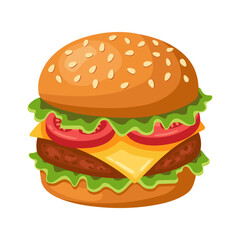 Tasty cartoon-style cheeseburger with lettuce, tomato slices, cheese, beef patty, and sesame seed bun. Bright, appetizing fast food illustration. Vector burger. Isolated on a white background.